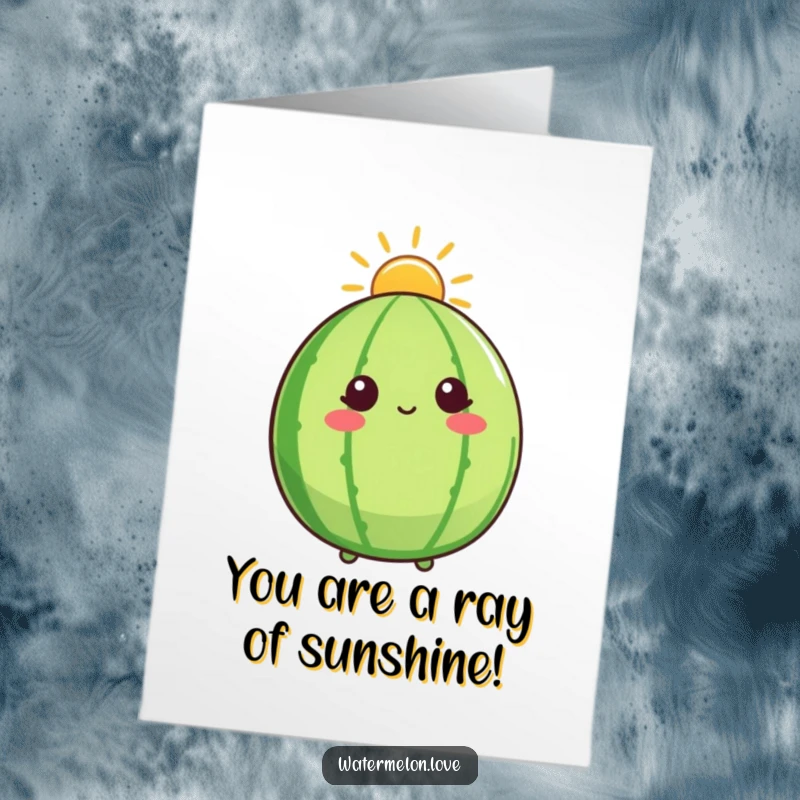 Funny Free Printable Congratulations Card: A watermelon character basks in a sunshine halo, looking up with gratitude and joy.