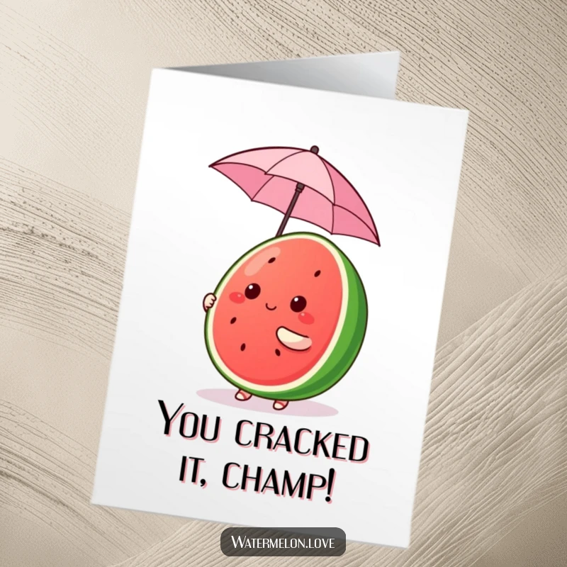 Funny Free Printable Congratulations Card: A kawaii watermelon character comically balancing a tiny umbrella, celebrating good news.