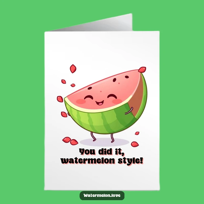Free Printable Congrats Card: Juggling Watermelon Slice Greeting, Cheerful Downloadable Gift!