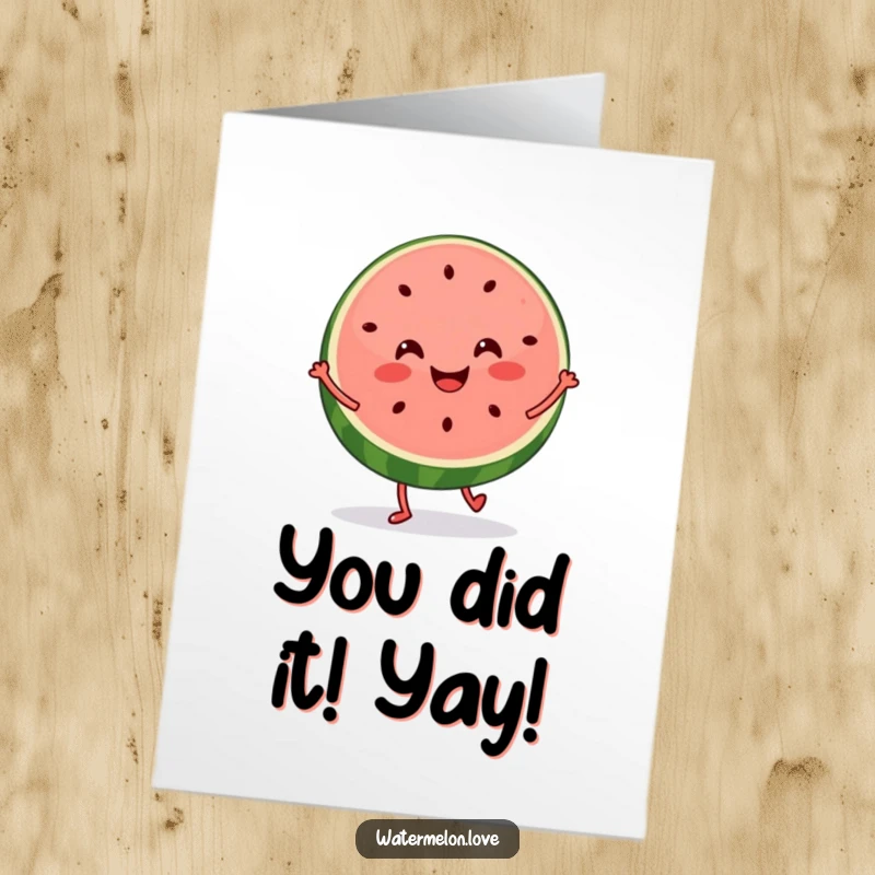 Funny Free Printable Congratulations Card: A watermelon slice with tiny legs enthusiastically dancing to celebrate a big win.
