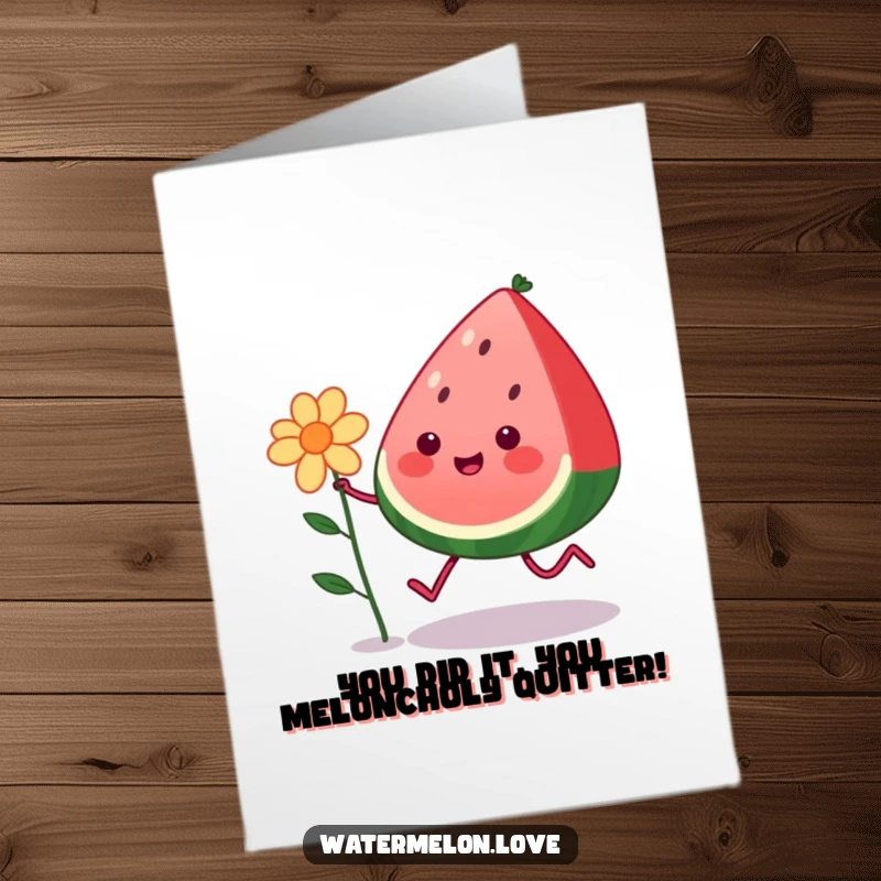 Funny free printable congratulations card showcasing a kawaii watermelon with legs happily skipping alongside a blooming flower.