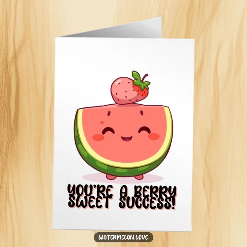 Funny free printable congratulations card showing a happy watermelon slice perfectly balancing a small, smiling berry on its head.