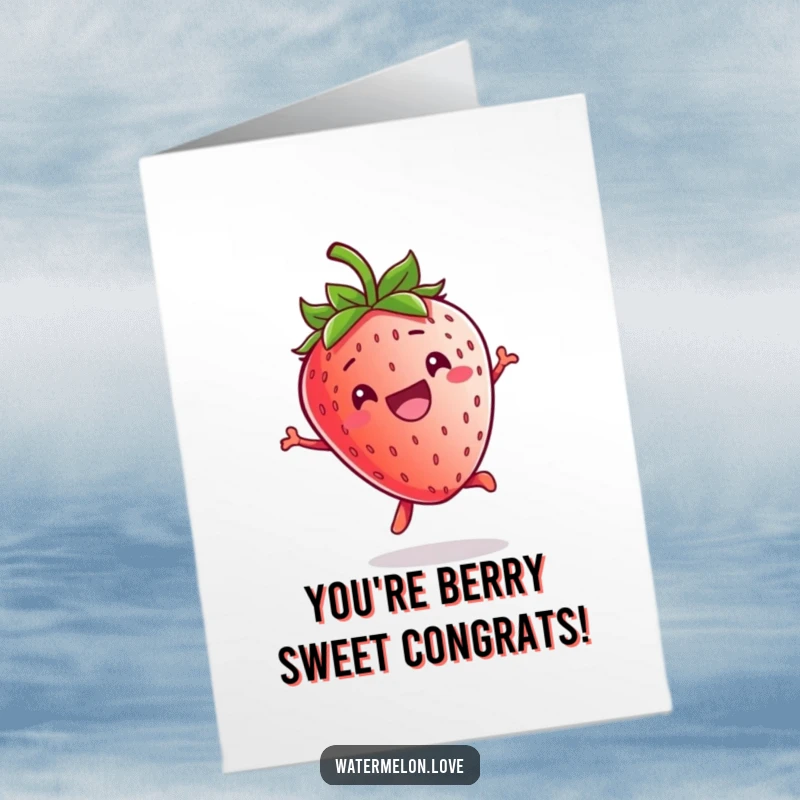 Funny Free Printable Congratulations Card: A grinning kawaii strawberry leaping with excitement, celebrating a fantastic achievement.