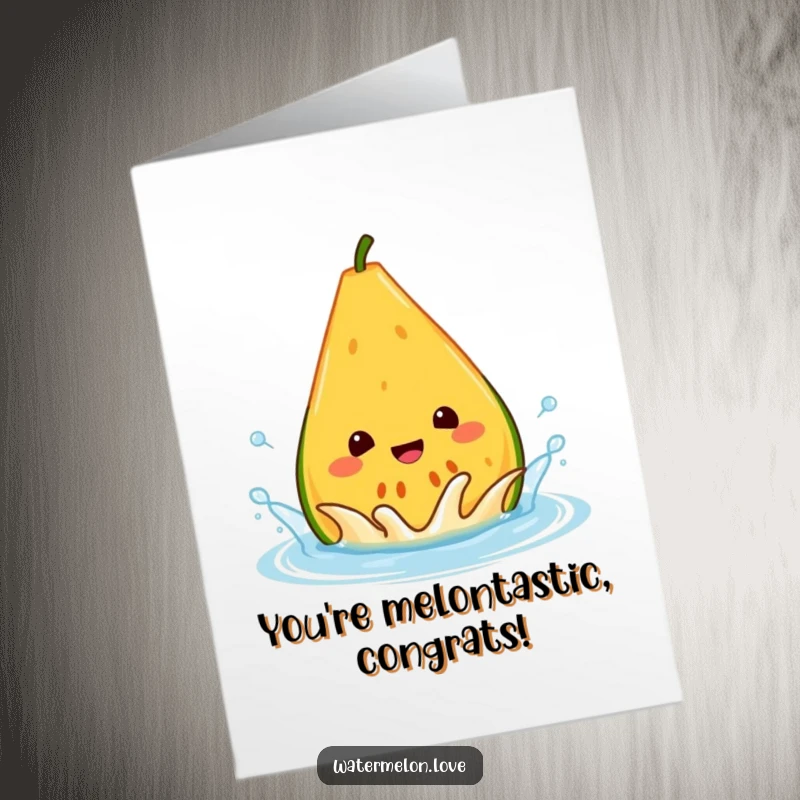 Funny Free Printable Congratulations Card depicting a happy watermelon wedge joyfully splashing within a water droplet, ideal for celebrations.