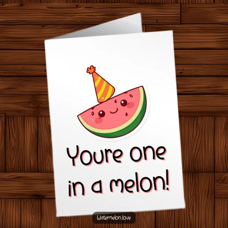 Funny Free Printable Congratulations Card: Happy Kawaii watermelon slice in a party hat, cheering for success.