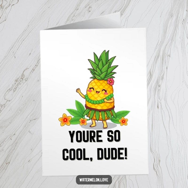Funny Free Printable Congrats Card: Anthropomorphic pineapple performing a happy hula dance, tropical celebration, downloadable greeting.