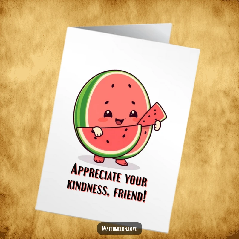 Funny Free Printable Thank You Card: A smiling watermelon character offers a slice to a friend fruit, symbolizing shared kindness and thanks.