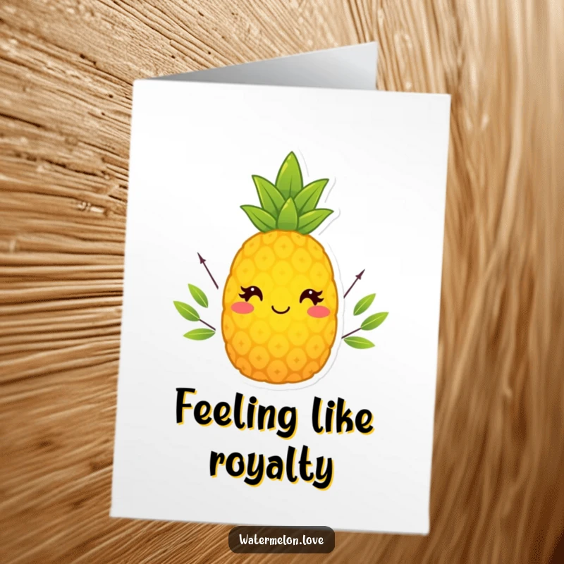 Funny Free Printable Smiling Pineapple Wearing Tiny Leafy Crown on Thank You Card, Easy DIY.