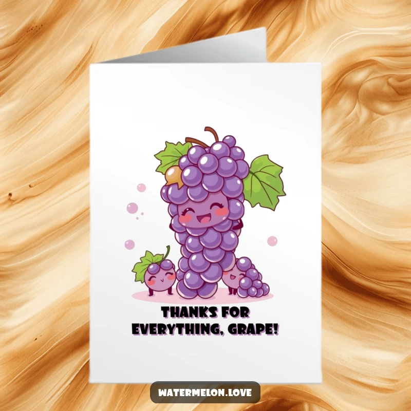 Funny Free Printable Grape Bunch thank you card, a bunch of grapes hiding and giggling, thankful playfulness.