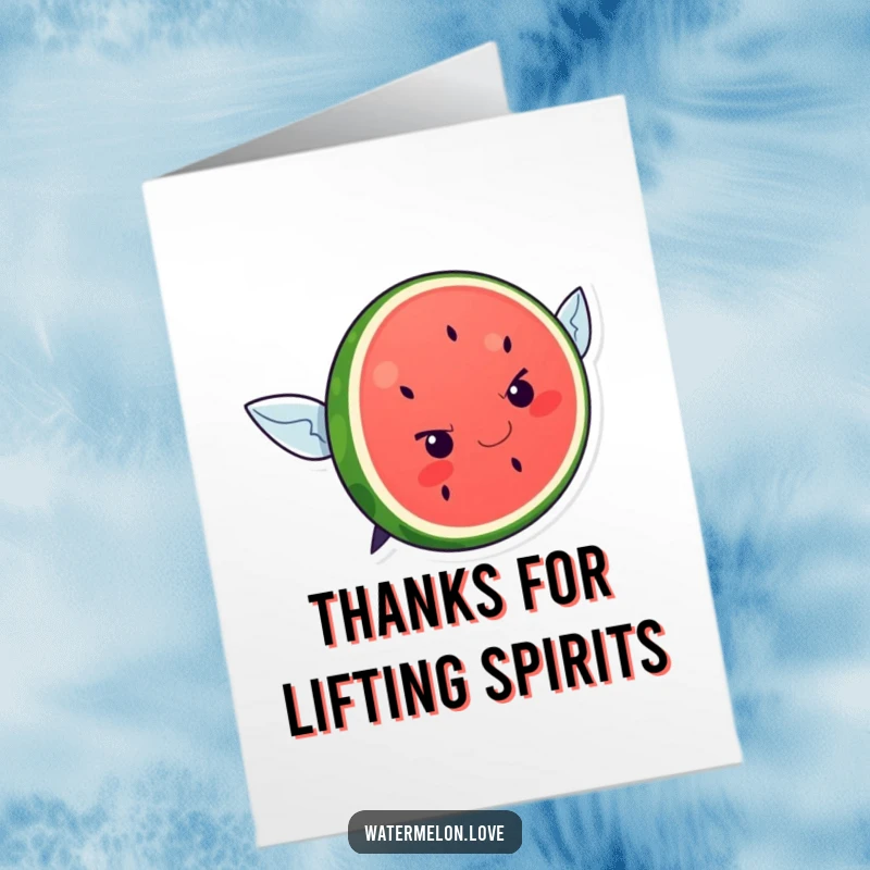 Funny Free Printable Thank You Card: A determined kawaii watermelon slice attempts to fly, expressing unique thanks.