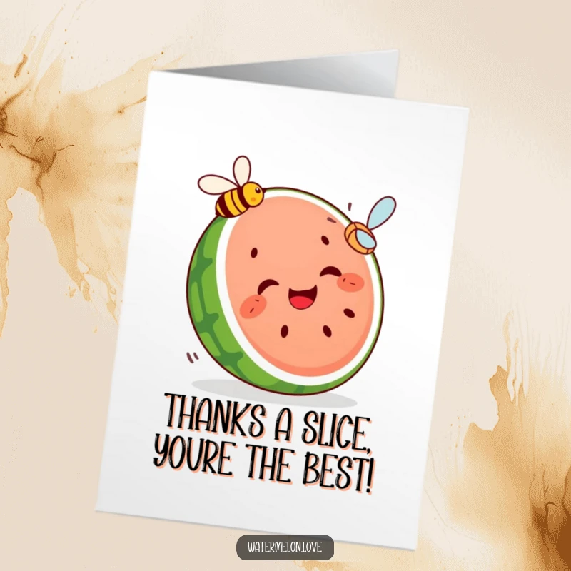 Funny Free Printable Thank You Card: A cheerful watermelon slice playfully pursuing a bee, conveying gratitude with a comical chase.