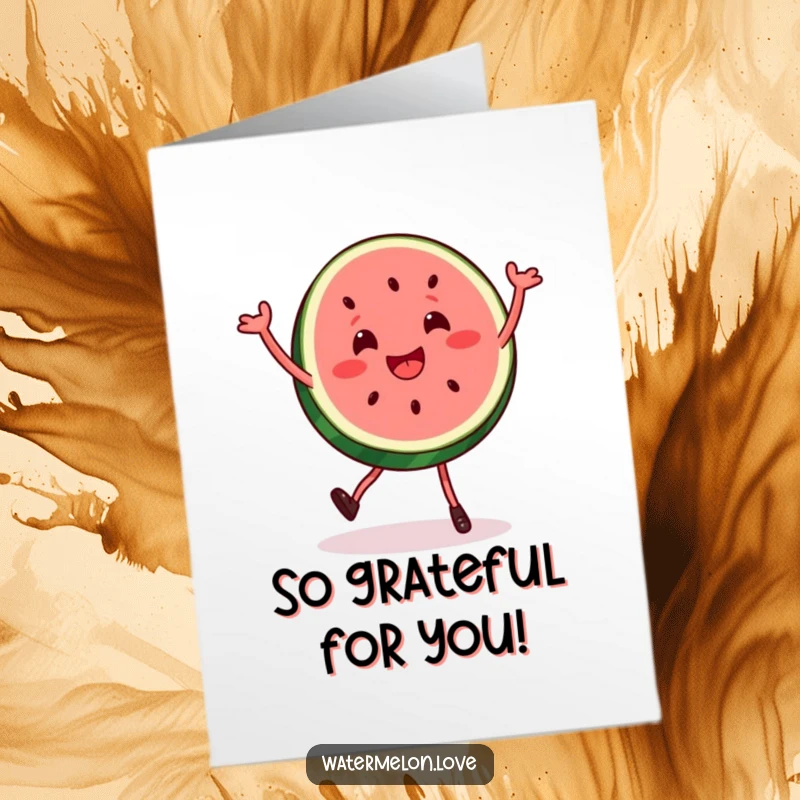 Funny free printable thank you card depicting a happy watermelon slice performing a silly, bouncy dance to express gratitude.