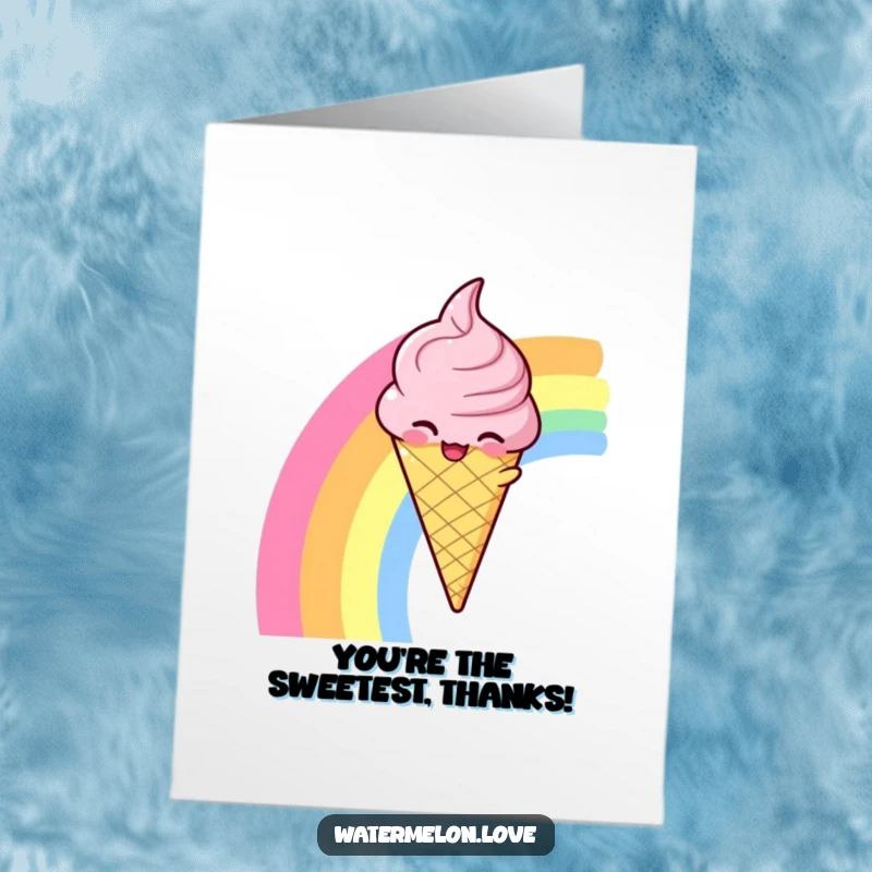 Funny Free Printable Thank You Card: Winking anthropomorphic ice cream cone descending happily on a rainbow, conveying sweet appreciation.
