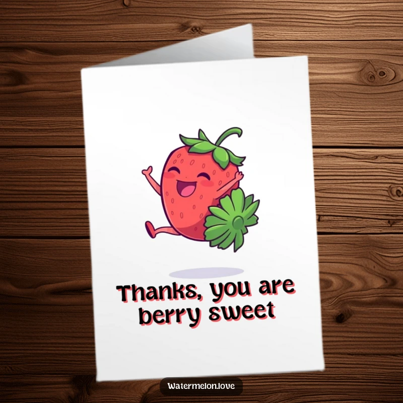Funny Free Printable Thank You Card: A giggling strawberry does a cartwheel, conveying thanks with a downloadable fruity flair.