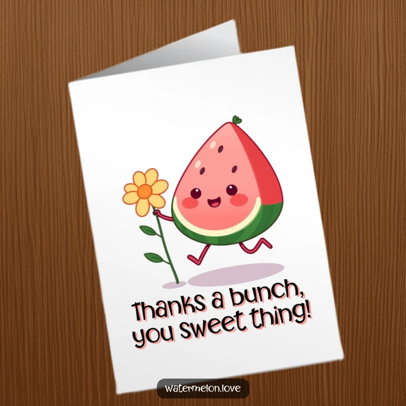 Funny free printable thank you card with a kawaii watermelon with legs skipping happily with a flower, conveying thanks.