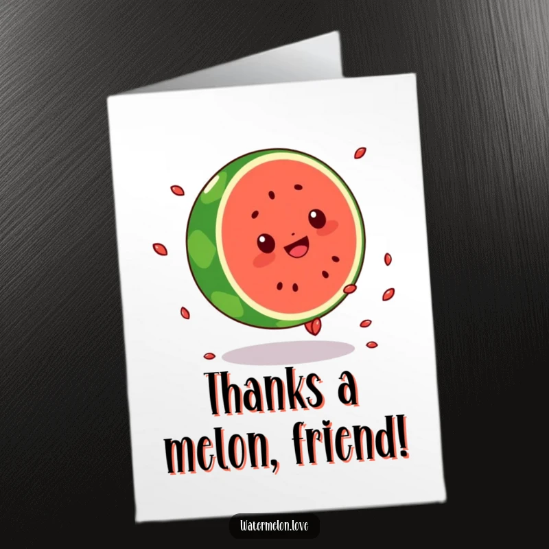 Free Printable Thank You Card: A silly Kawaii watermelon doing a cartwheel, expressing thanks with energy.