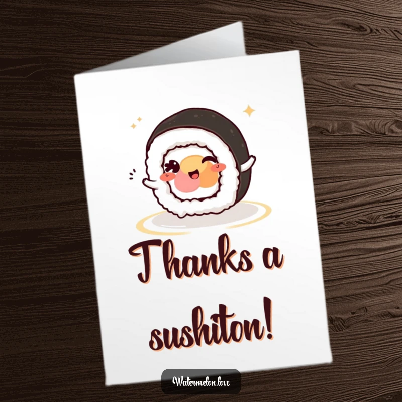 Funny Free Printable Thank You Card: A kawaii sushi roll character rolling along with a playful wink, conveying thanks.
