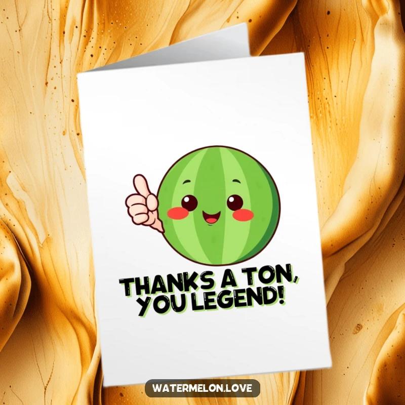 Funny free printable thank you card with a happy watermelon character giving a thumbs-up, framed by its green rind.