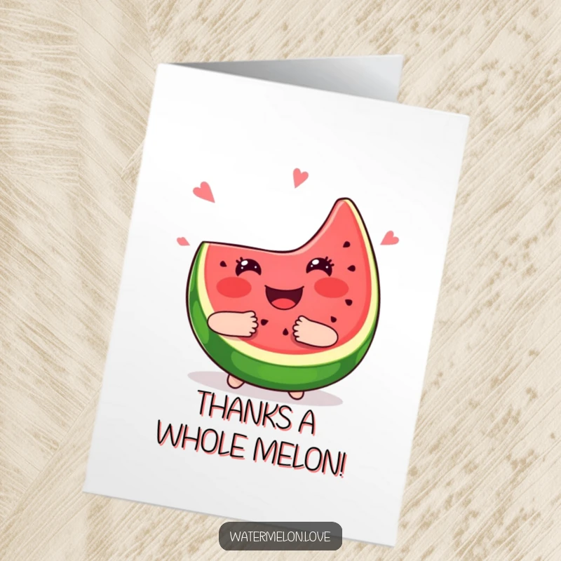 Funny Free Printable Thank You Card: A smiling kawaii watermelon slice extending a heartfelt, juicy hug to express thanks.