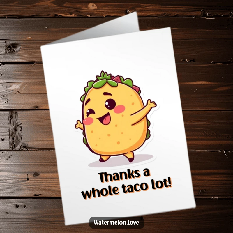 Funny Free Printable Thank You Card: A giggling taco doing a playful dance, perfect for expressing thanks with humor.