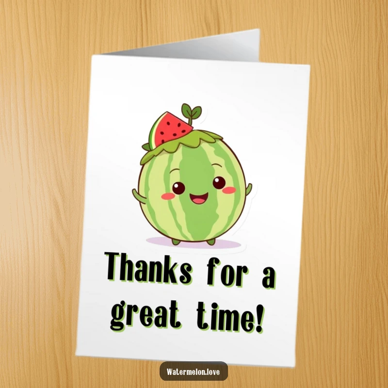 Funny Free Printable Thank You Card: A grinning Kawaii whole watermelon with a leafy crown, doing a happy shimmy to express thanks.