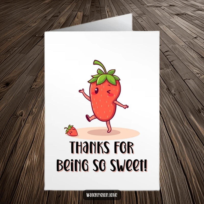 Funny Free Printable Thank You Card: A smiling strawberry performing a cartwheel, perfect for showing thanks with humor.