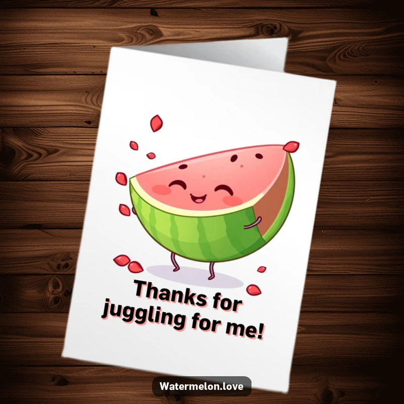 Funny Free Printable Thank You Card with a smiling watermelon slice and tiny legs, actively juggling seeds for a unique thank you.