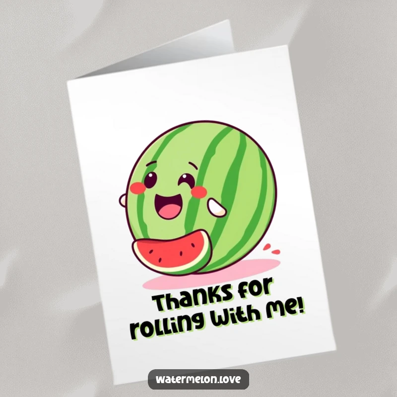Funny free printable thank you card showing a stylized, happy watermelon rolling downhill with infectious glee.