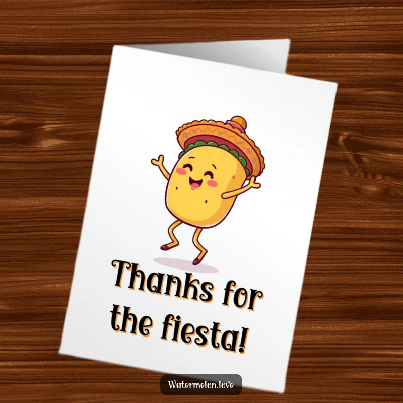 Funny Free Printable Thank You Card: A dancing anthropomorphic taco shaking its legs with a sombrero, expressing vibrant gratitude.