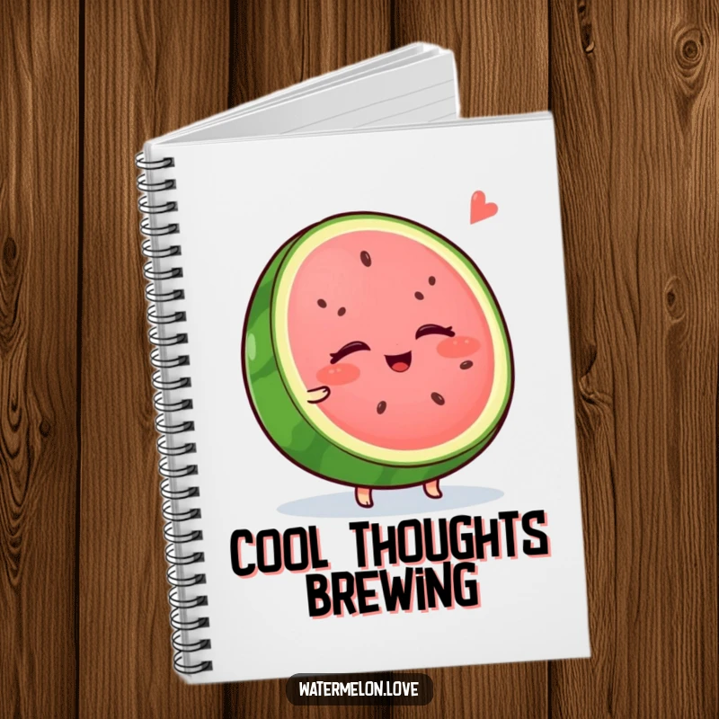 Funny watermelon notebook, a wobbly slice with eyes closed, enjoying a cool breeze, ideal for notes and journaling.