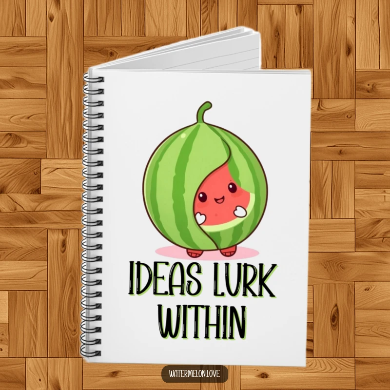 Cute watermelon character notebook cover peeking shyly from behind a leafy design, inspiring sweet thoughts and playful notes.
