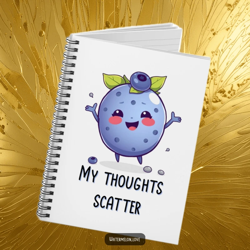 Funny notebook featuring a cheerful anthropomorphic blueberry juggling seeds, ideal for capturing creative ideas and happy notes.