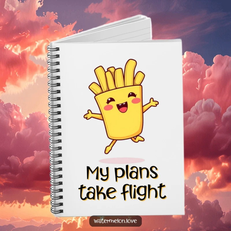 Funny notebook featuring an anthropomorphic french fry doing a playful jump, ideal for capturing creative ideas and food-related notes.