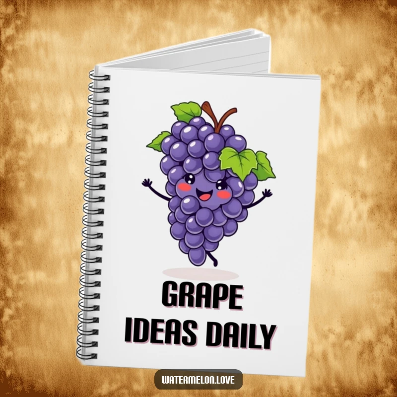 Funny notebook with a smiling grape cluster doing a cartwheel, perfect for jotting notes with a side of fruity fun.