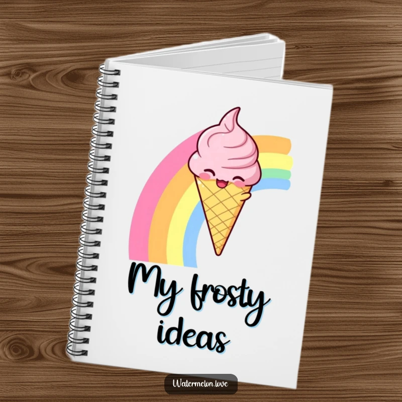 Funny notebook featuring a winking anthropomorphic ice cream cone sliding down a rainbow, perfect for sweet notes.