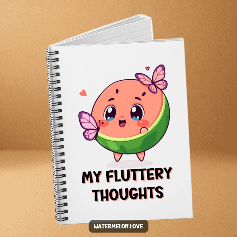 Funny kawaii watermelon slice with excited eyes chasing a butterfly featured on a humorous notebook for writing.