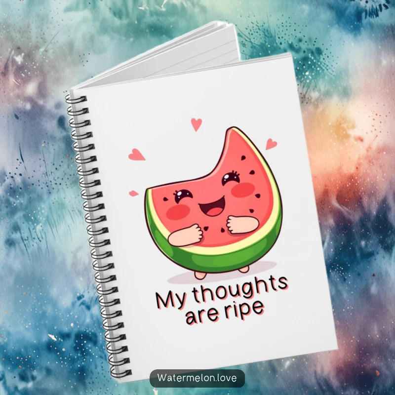 Funny kawaii watermelon slice notebook, smiling and giving a big juicy hug, perfect for writing and sketching.