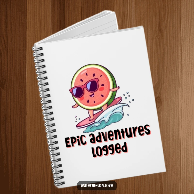 Funny kawaii watermelon slice with sunglasses surfing on a tiny wave, a humorous notebook for ideas.
