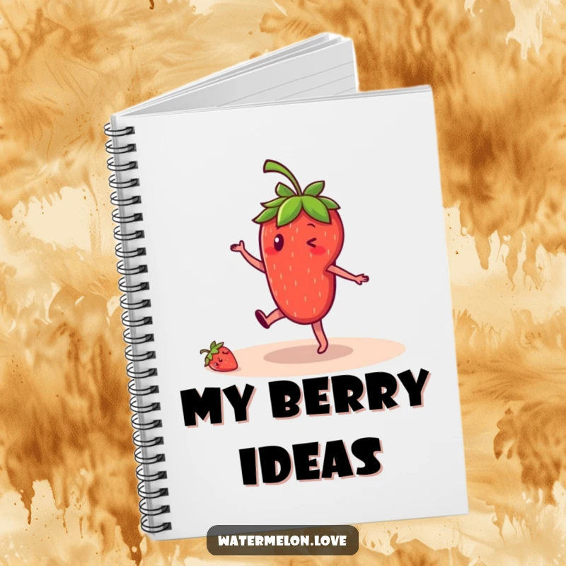 Funny strawberry notebook, pages filled with a cartwheeling anthropomorphic fruit, ideal for journaling and note-taking.