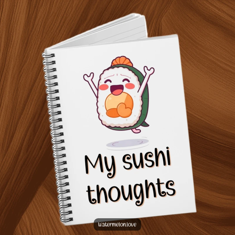 Funny sushi notebook, pages filled with a leaping anthropomorphic sushi piece, ideal for culinary notes and sketches.
