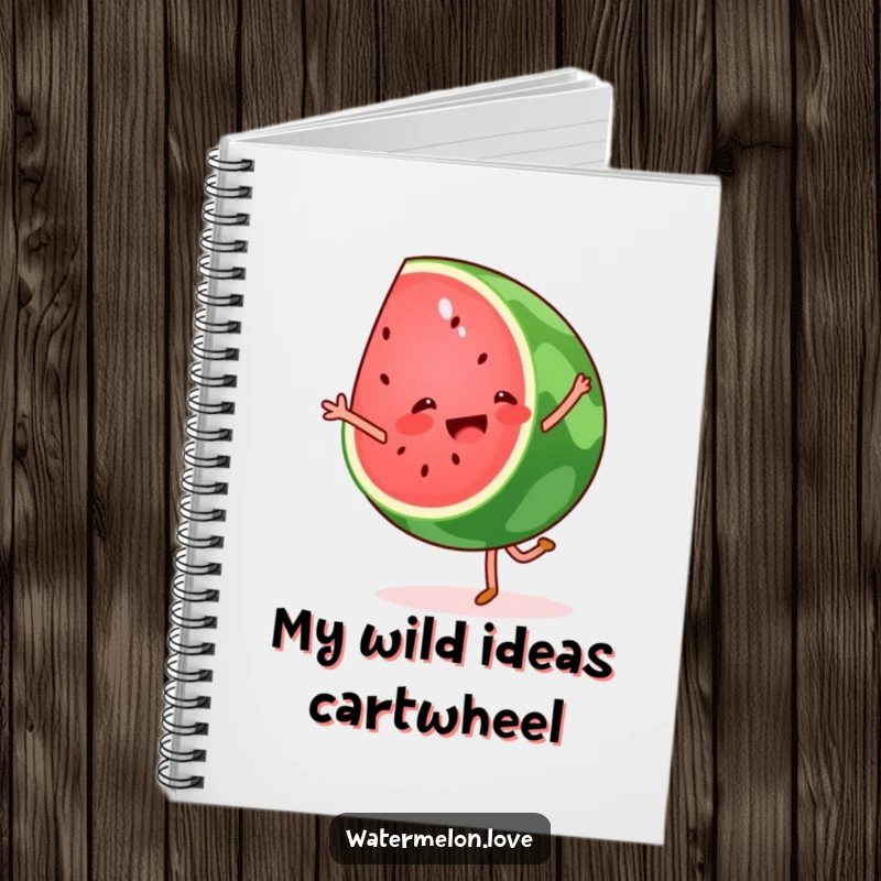 Funny watermelon cartwheel notebook, a joyful fruit wedge doing a gymnastic move, perfect for writing.