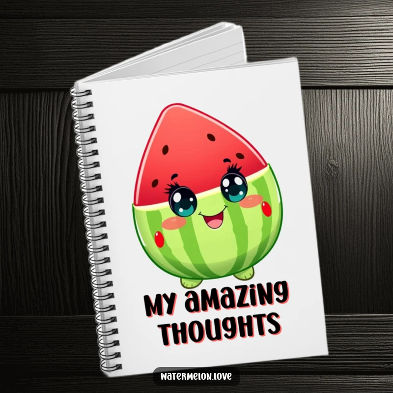 Funny notebook with a watermelon character showing eyes wide with delight, designed to inspire happy notes and cheerful brainstorming.