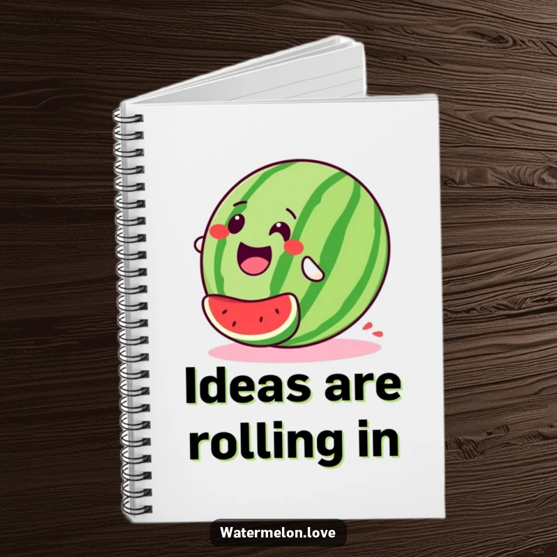 Stylized, happy watermelon notebook cover rolling downhill with glee, inspiring notes about adventures and joyful moments.