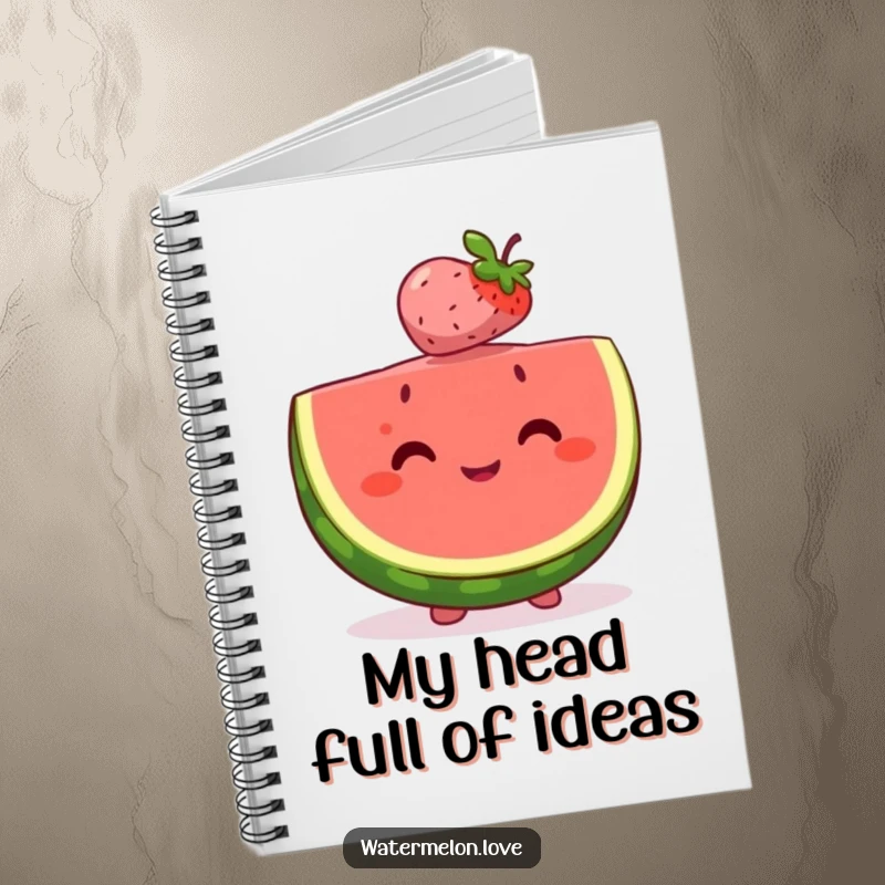 Happy watermelon slice notebook cover balancing a tiny, smiling berry on its head, inspiring sweet ideas and joyful note-taking.