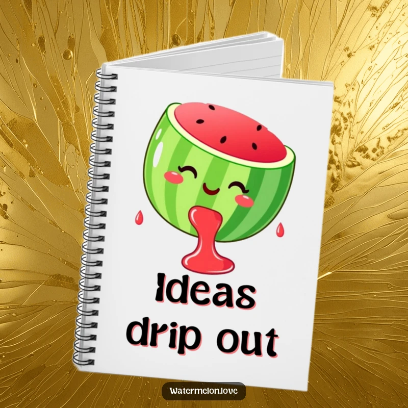 Funny stylized, smiling watermelon dripping happy juice drops, on the cover of a notebook.