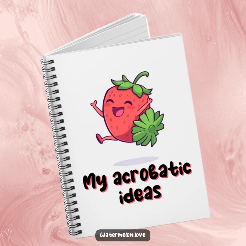 Notebook cover with a funny, giggling strawberry character doing a cartwheel, perfect for jotting down playful thoughts.