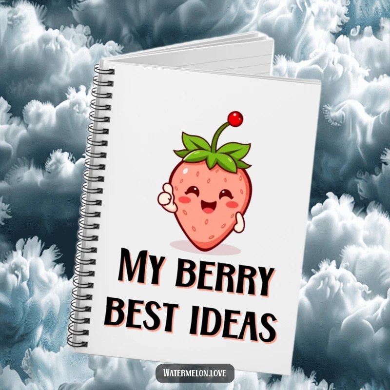 Funny Strawberry Notebook with a cherry on top, giving a thumbs up, perfect for jotting down notes with cheer.