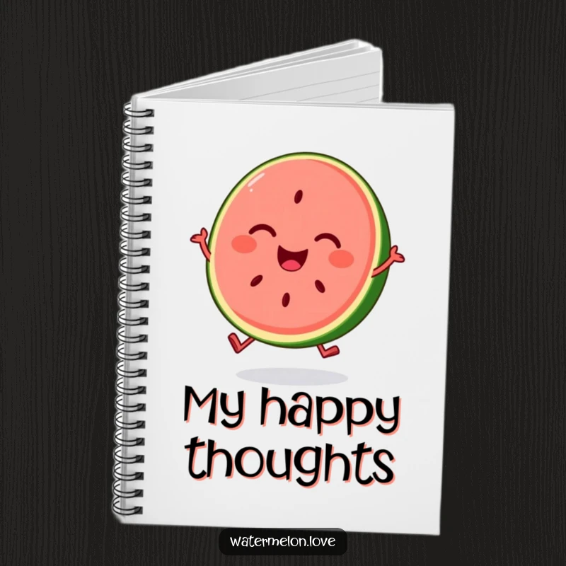 Notebook cover with a funny, smiling watermelon slice character bouncing with joy, perfect for jotting down happy thoughts.