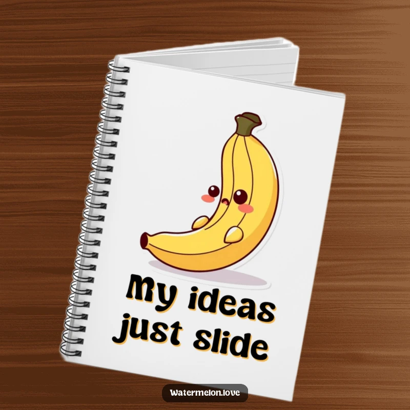 Funny notebook with an anthropomorphic banana peel slipping comically, offering a humorous way to jot down notes and creative ideas.