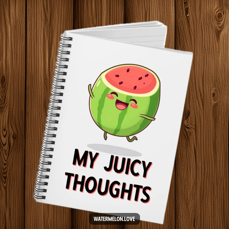 Funny watermelon notebook, spiral-bound pages featuring anthropomorphic fruit character bouncing with joy, perfect for journaling.